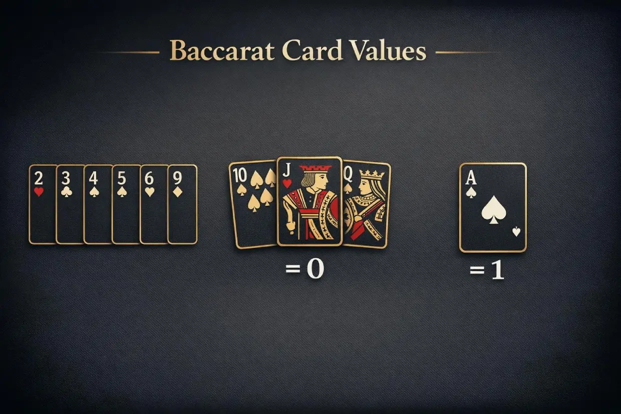 Baccarat card values showing face cards worth zero, aces worth one, and numbered cards at face value