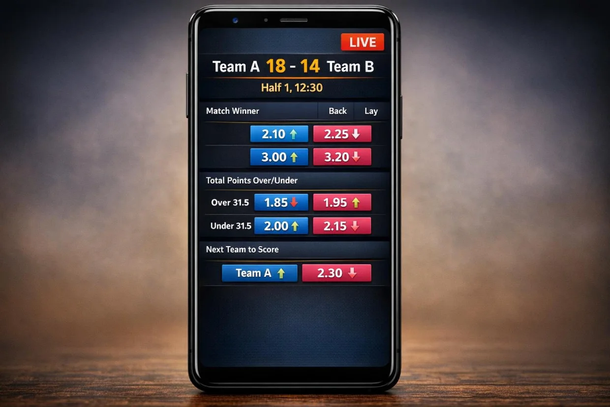 Live kabaddi betting odds on SkyExchange mobile showing match winner and total points markets