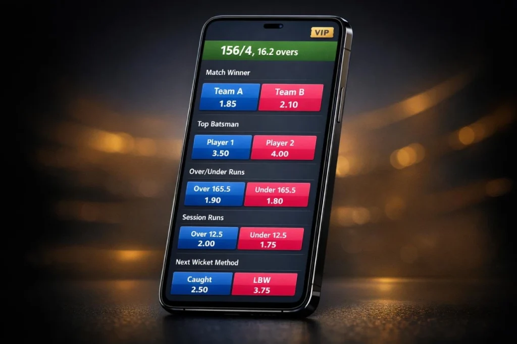 SkyExchange VIP live cricket betting interface showing match odds and markets on mobile
