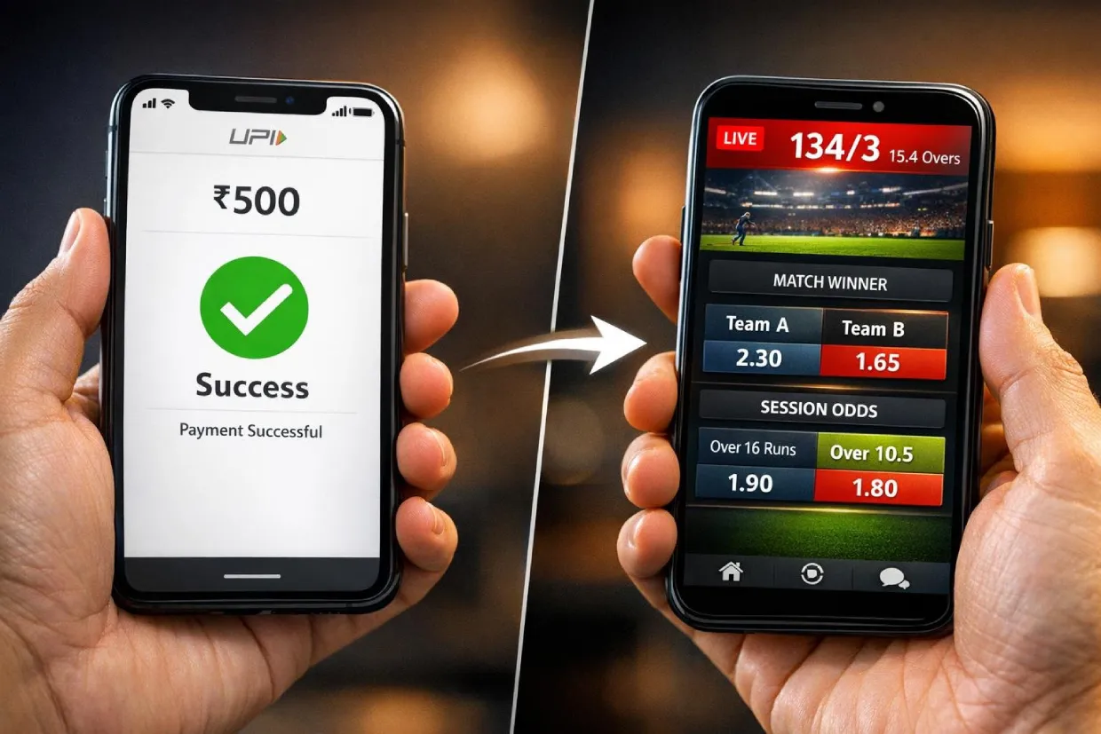 UPI instant deposit to live cricket betting on SkyExchange mobile showing payment to bet placement flow