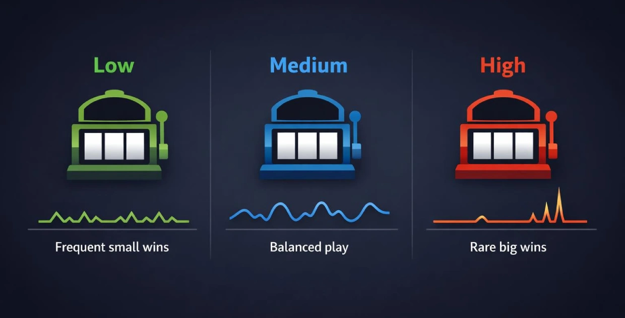 Slot volatility spectrum showing low, medium, and high volatility win patterns and balance movement